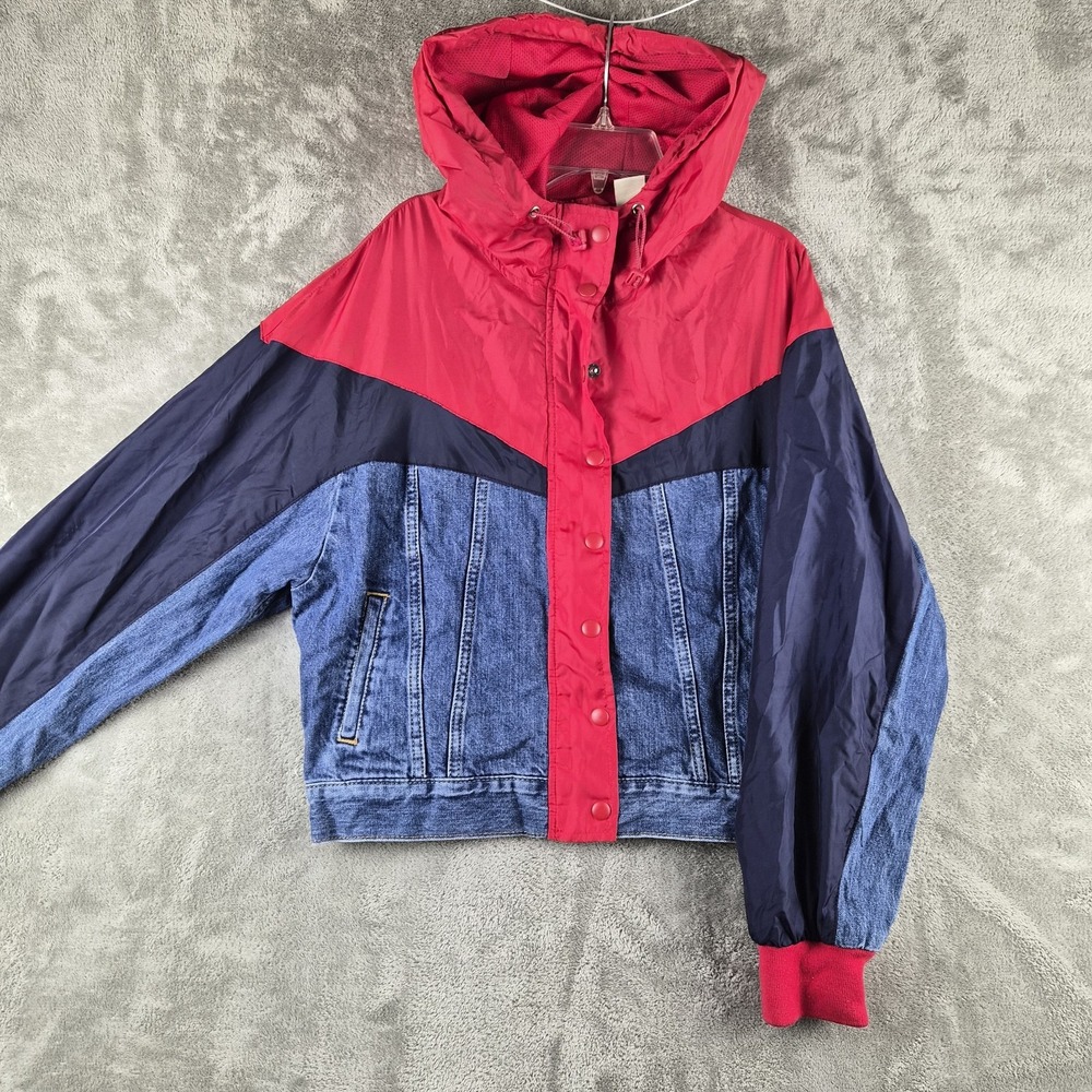 Levis Hybrid Slouch Trucker Jacket Medium Blue Red Denim Zip Up Snap Hooded Y2K